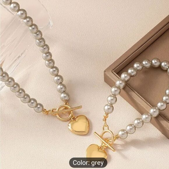 Pearl necklace and bracelet gray with gold heart pendant - Picture 2 of 9
